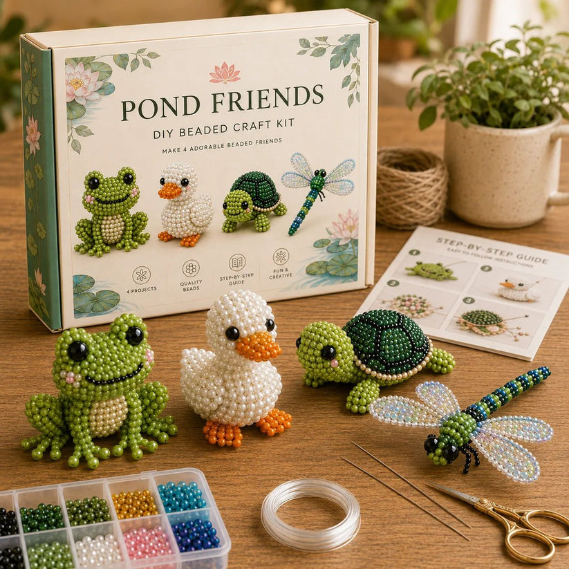 DIY 3D Beaded Pond Friends Embroidery Kit – 4PCS Handmade Craft Set