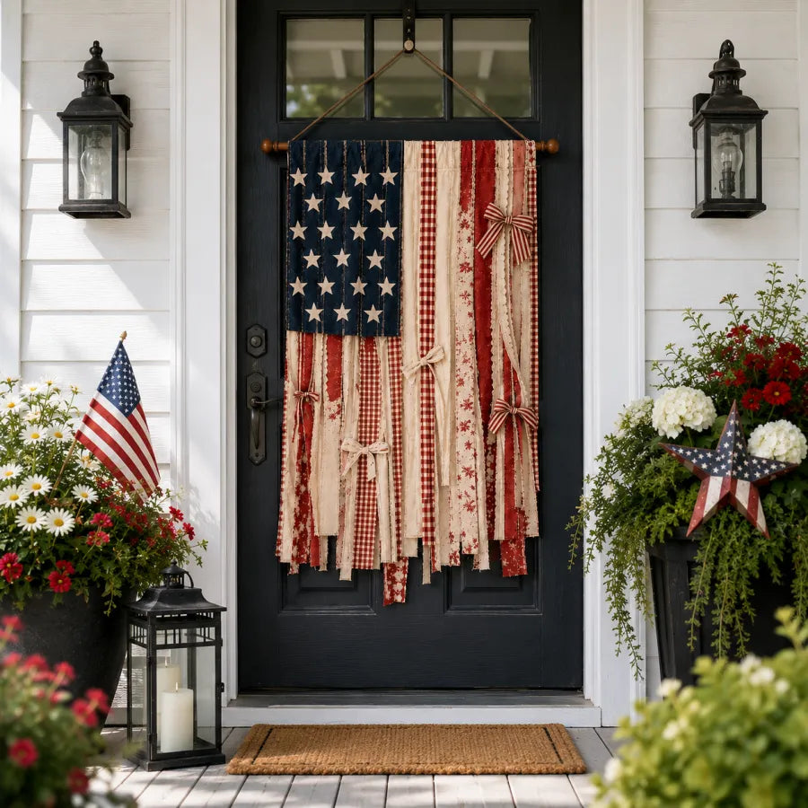 Lighted Rustic American Flag Hanging Banner