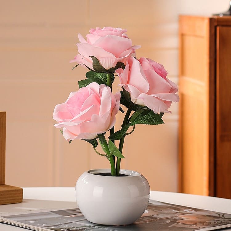Rechargeable Rose Flower Night Light – Romantic LED Table Lamp with Ceramic Vase Decor