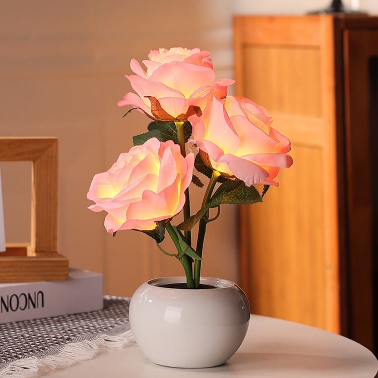 Rechargeable Rose Flower Night Light – Romantic LED Table Lamp with Ceramic Vase Decor