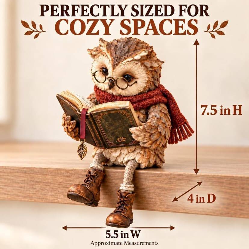 Reading Owl Figurine With Book And Rustic Woodland Details