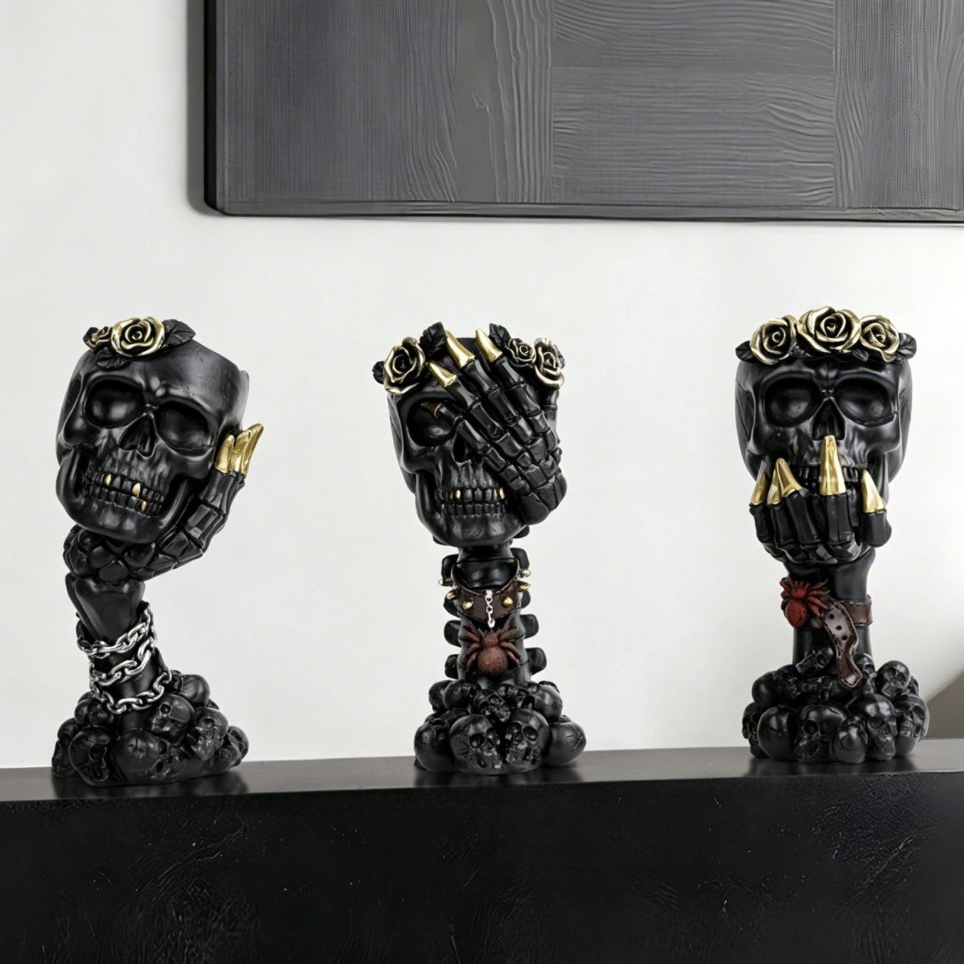 Three Wise Skulls Planter – Gothic Resin Succulent Pot & Halloween Decor