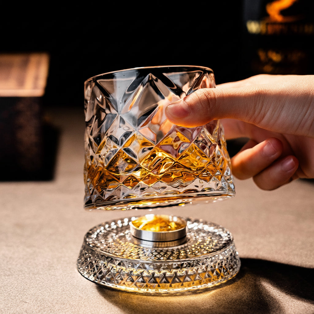 360° Spinning Crystal Whiskey Glass – Luxury Rotating Bourbon & Cocktail Tumbler (280ml)