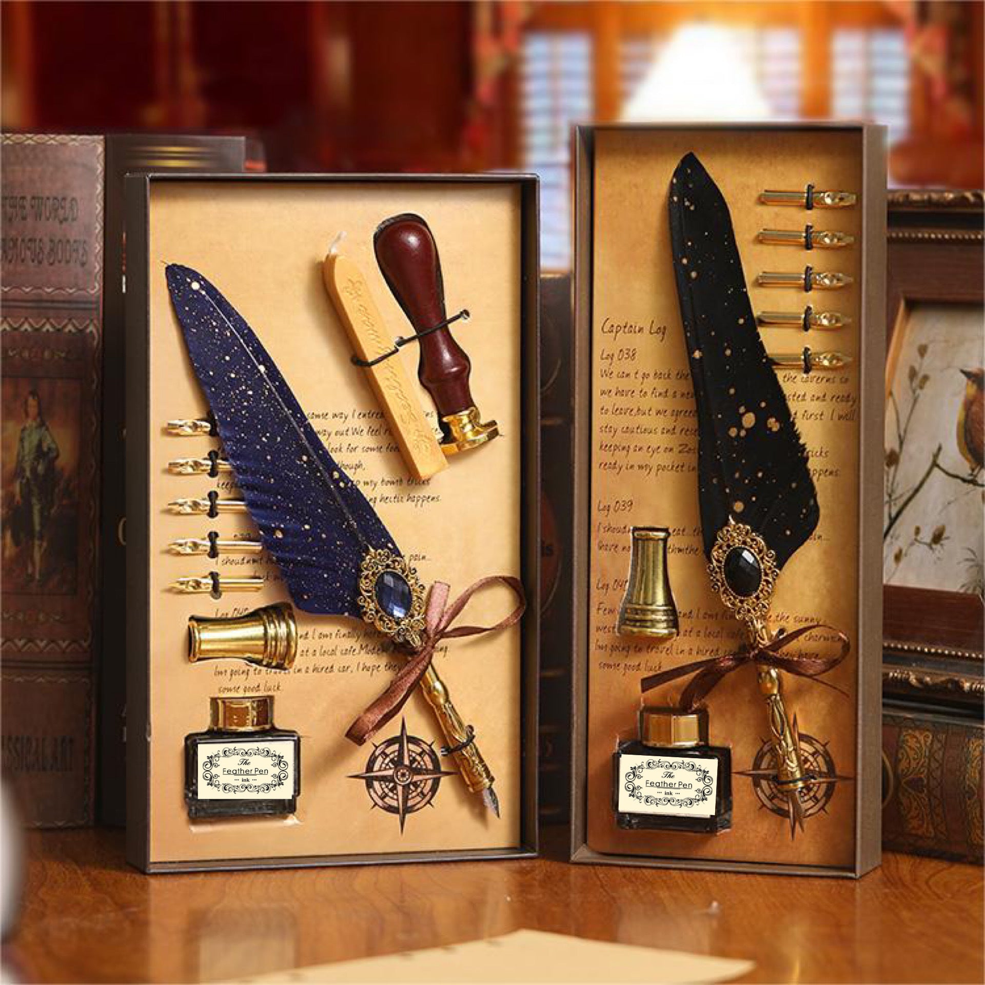 Magic Gemstone Feather Quill Pen Set – Vintage Calligraphy Pen & Wax Seal Gift Collection