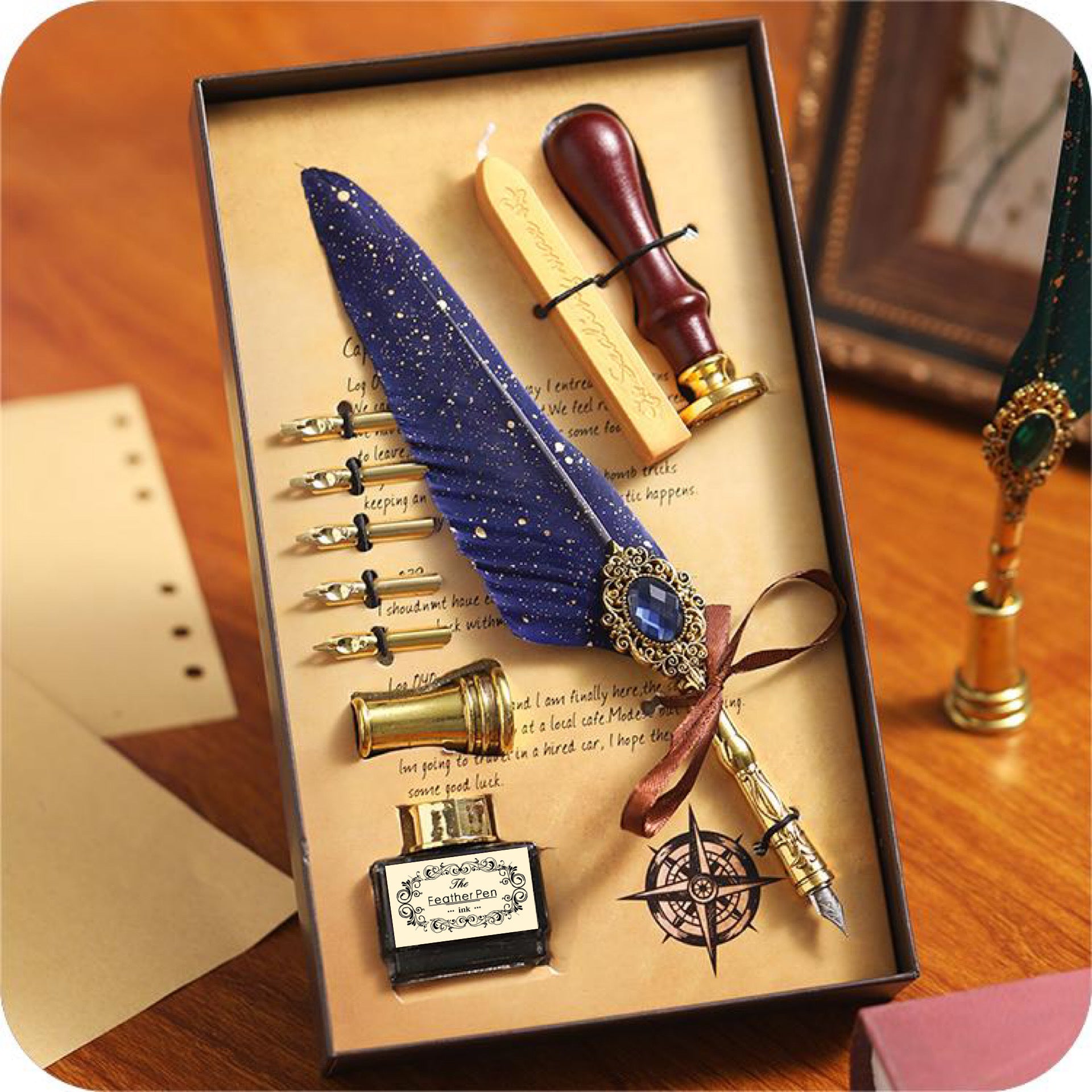 Magic Gemstone Feather Quill Pen Set – Vintage Calligraphy Pen & Wax Seal Gift Collection