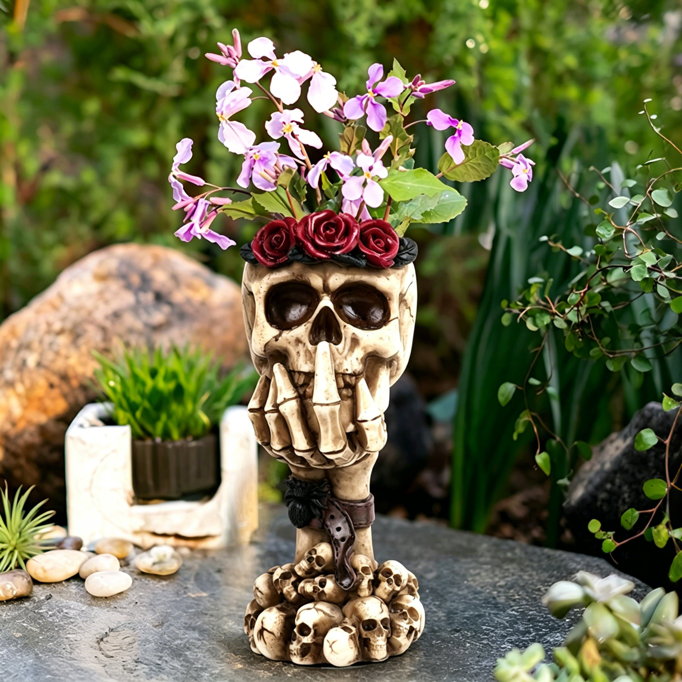 Three Wise Skulls Planter – Gothic Resin Succulent Pot & Halloween Decor