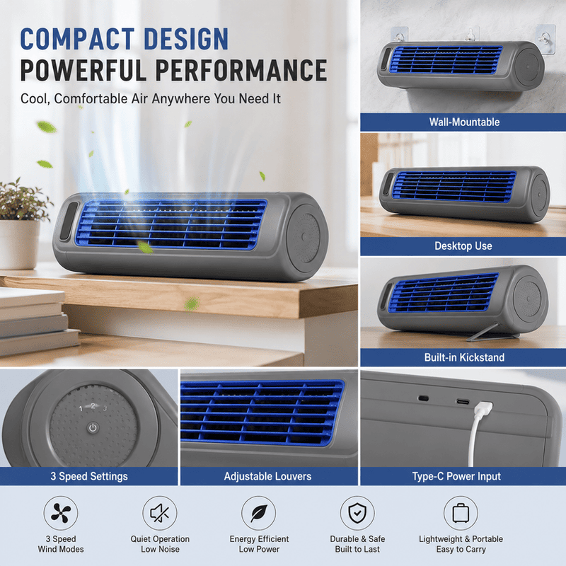 Portable Rechargeable Air Cooler – Wall-Mount Personal Cooling Fan with 3 Speeds