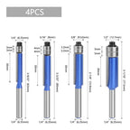 4PCS Flush Trim Router Bit Set – 1/4" Shank Carbide Pattern & Template Router Bits with Top Bearing