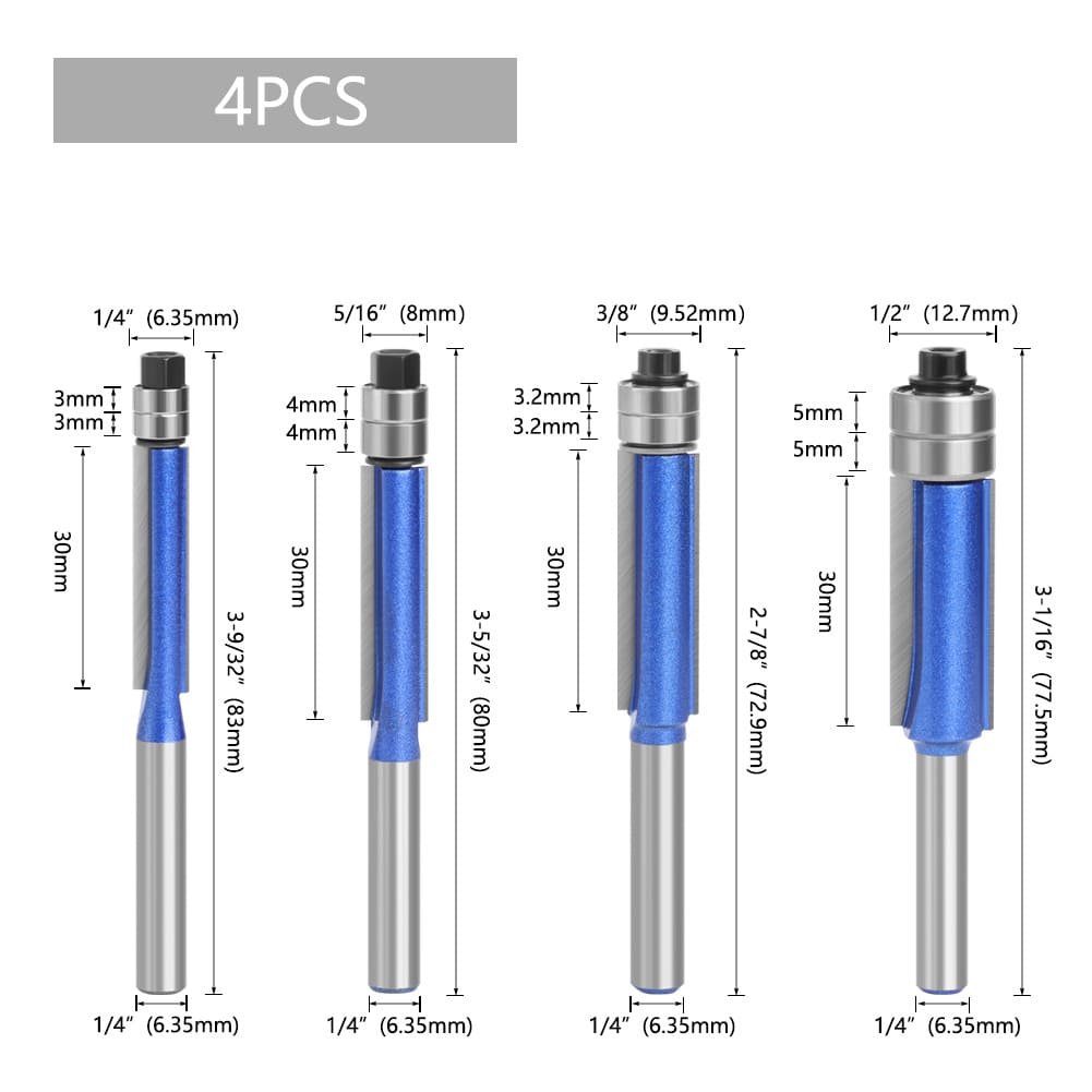 4PCS Flush Trim Router Bit Set – 1/4" Shank Carbide Pattern & Template Router Bits with Top Bearing