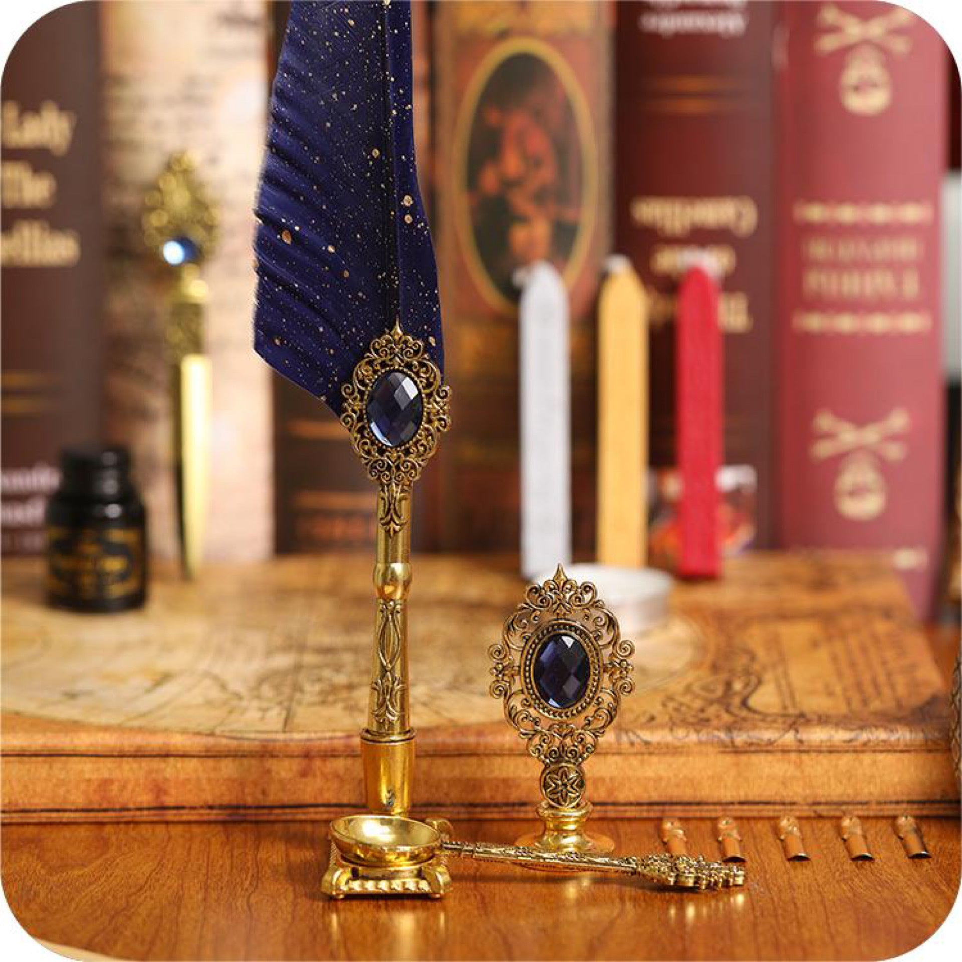 Magic Gemstone Feather Quill Pen Set – Vintage Calligraphy Pen & Wax Seal Gift Collection
