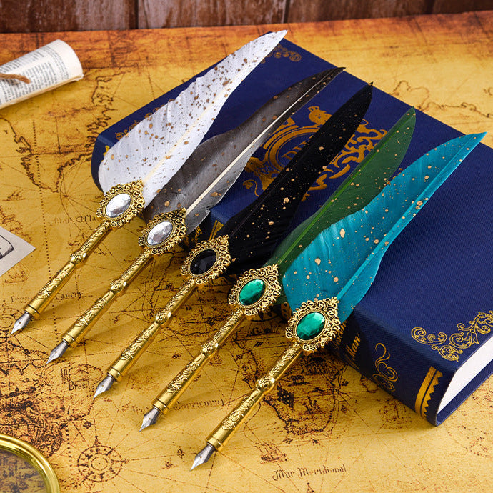 Magic Gemstone Feather Quill Pen Set – Vintage Calligraphy Pen & Wax Seal Gift Collection