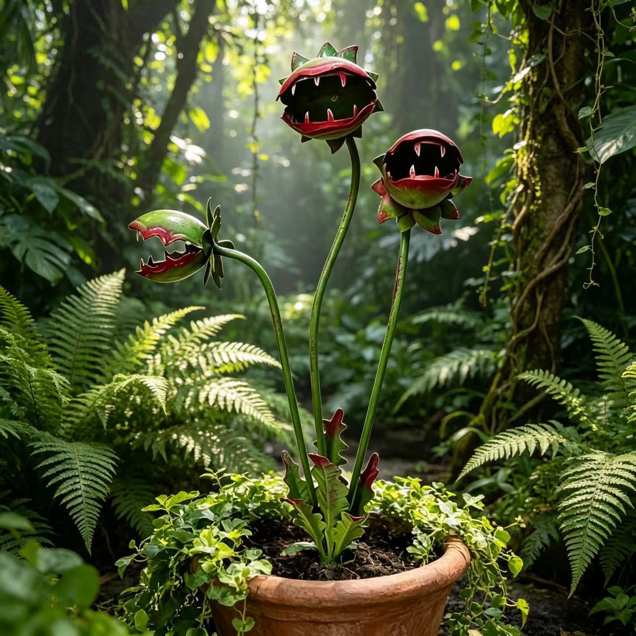 Whimsical Metal Carnivorous Plant Garden Stake – Fantasy Outdoor Yard Decor