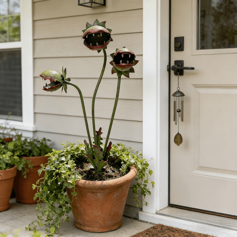 Whimsical Metal Carnivorous Plant Garden Stake – Fantasy Outdoor Yard Decor