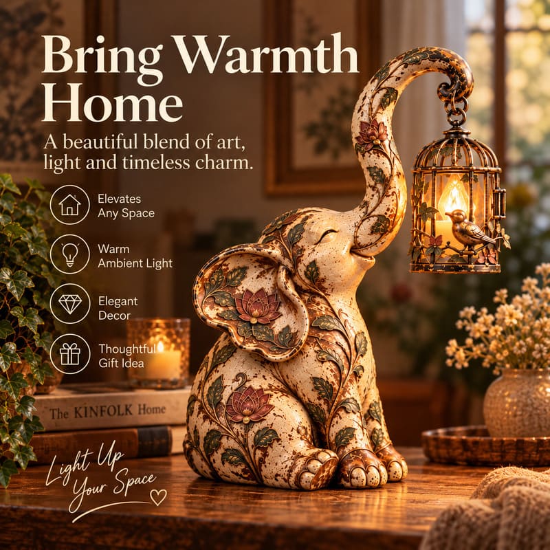 Vintage Elephant Lantern Statue With Warm Light