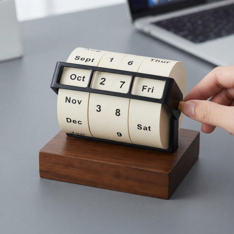 Rotary Perpetual Desk Calendar – Wooden Reusable Calendar Decor for Office & Home