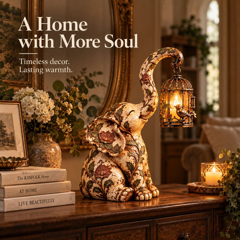 Vintage Elephant Lantern Statue With Warm Light