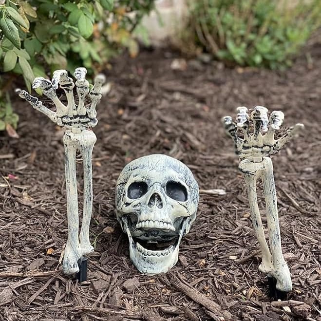 Halloween Skeleton Lawn Stakes – Realistic Skull & Crawling Hand Graveyard Decor