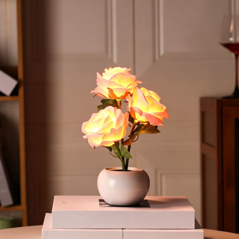 Rechargeable Rose Flower Night Light – Romantic LED Table Lamp with Ceramic Vase Decor