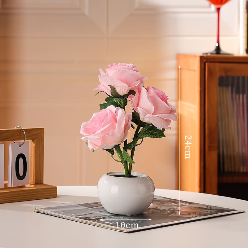 Rechargeable Rose Flower Night Light – Romantic LED Table Lamp with Ceramic Vase Decor