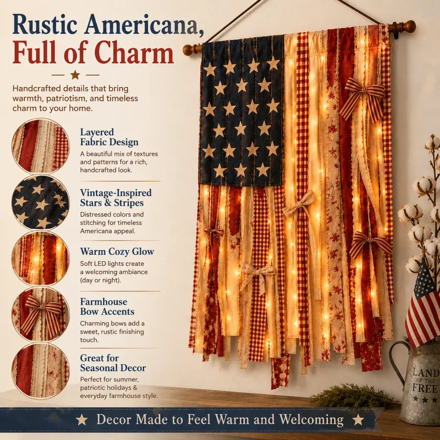 Lighted Rustic American Flag Hanging Banner