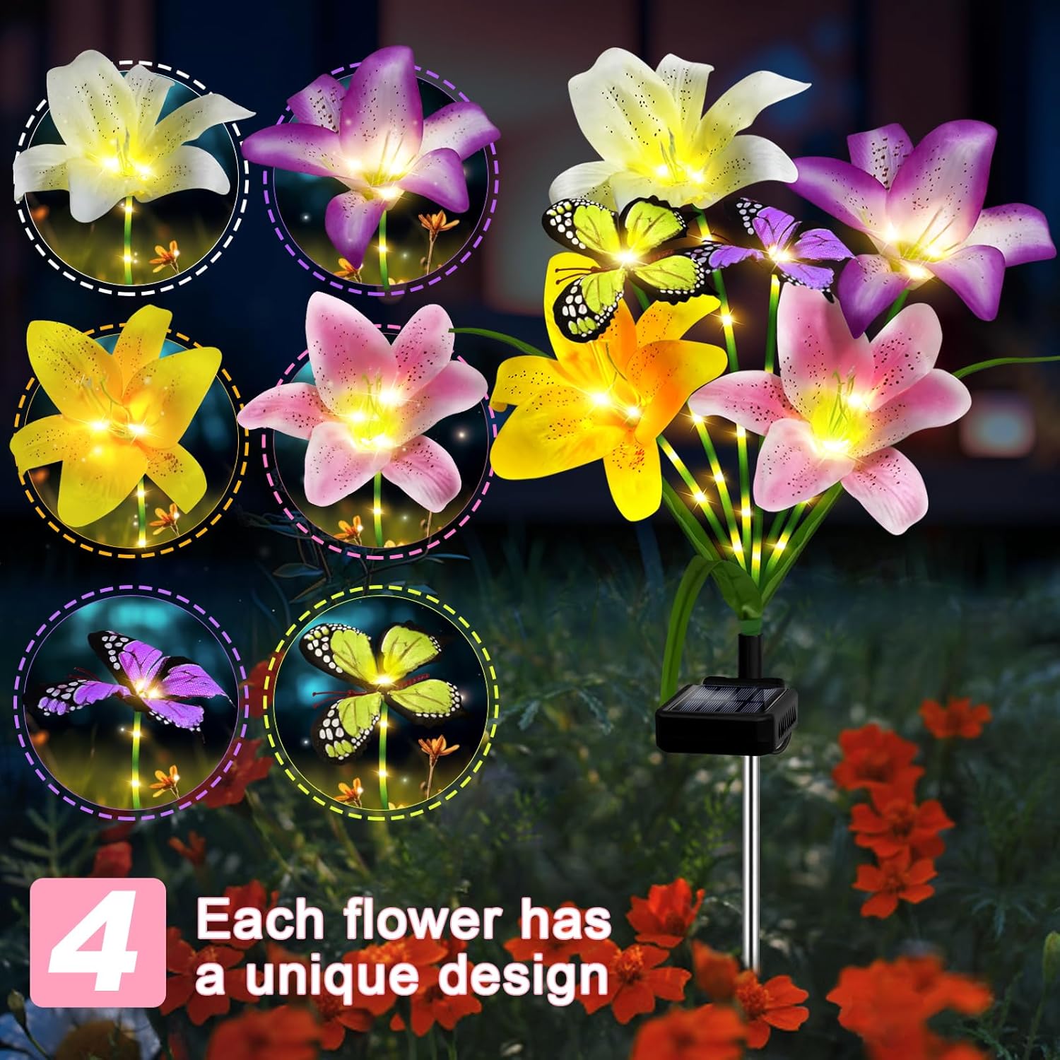 Solar Lily Flower Garden Lights – Color-Changing LED Outdoor Butterfly Lawn Stake Decor
