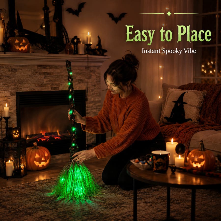 Animated Witch Broom Halloween Decor With LED Lights