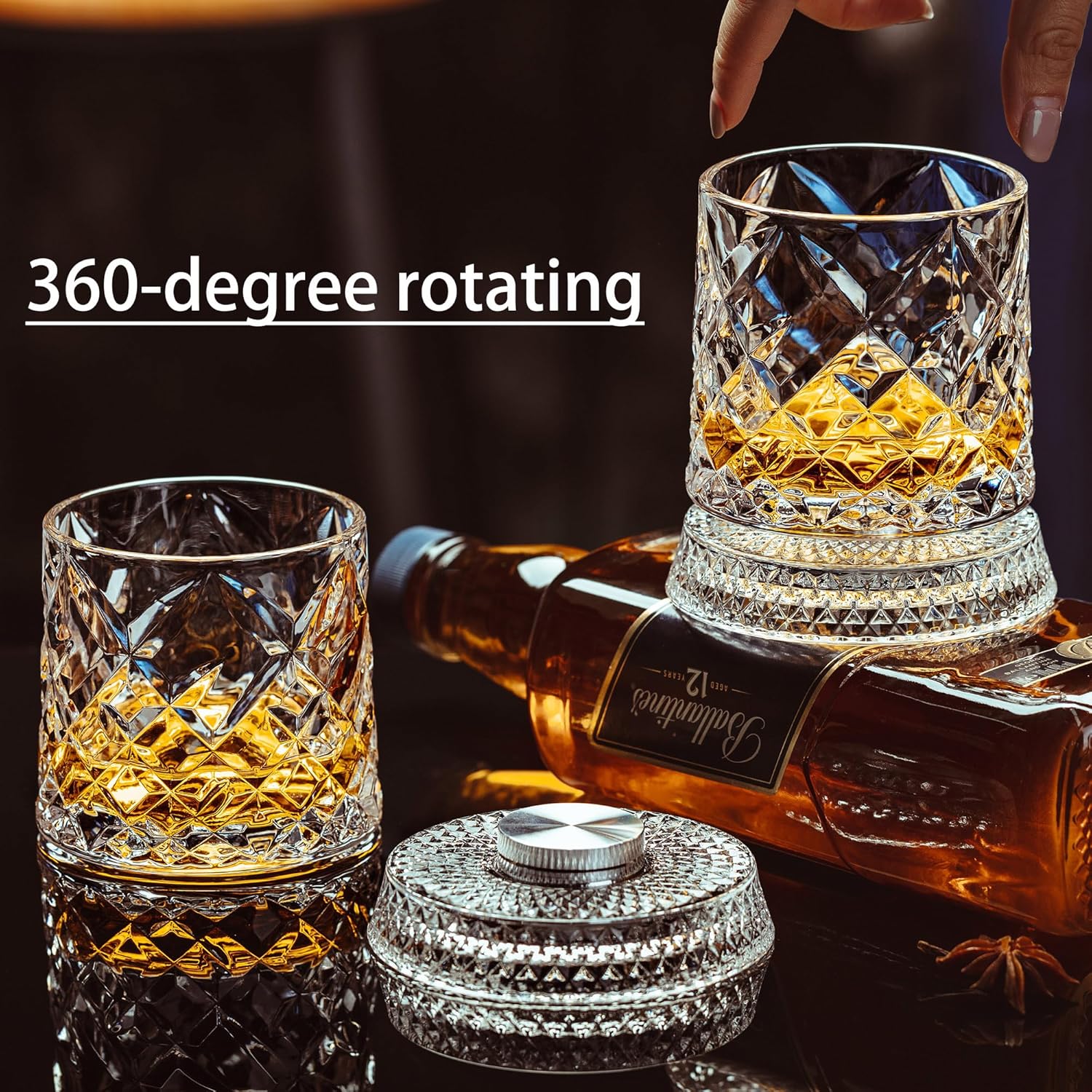 360° Spinning Crystal Whiskey Glass – Luxury Rotating Bourbon & Cocktail Tumbler (280ml)
