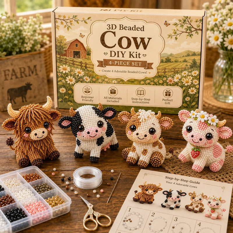 DIY 3D Beaded Cow Friends Embroidery Kit – 4PCS Handmade Craft Set