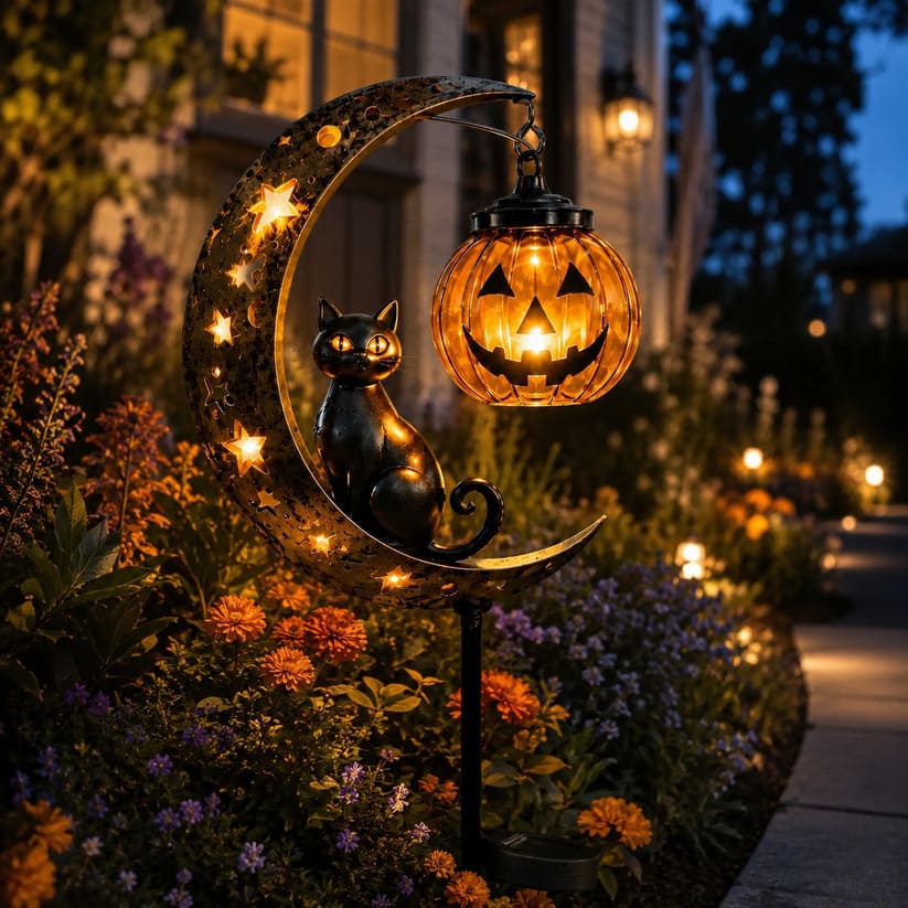Piquet solaire lumineux Chat Noir Citrouille pour Halloween