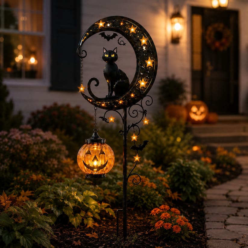 Piquet solaire lumineux Chat Noir Citrouille pour Halloween