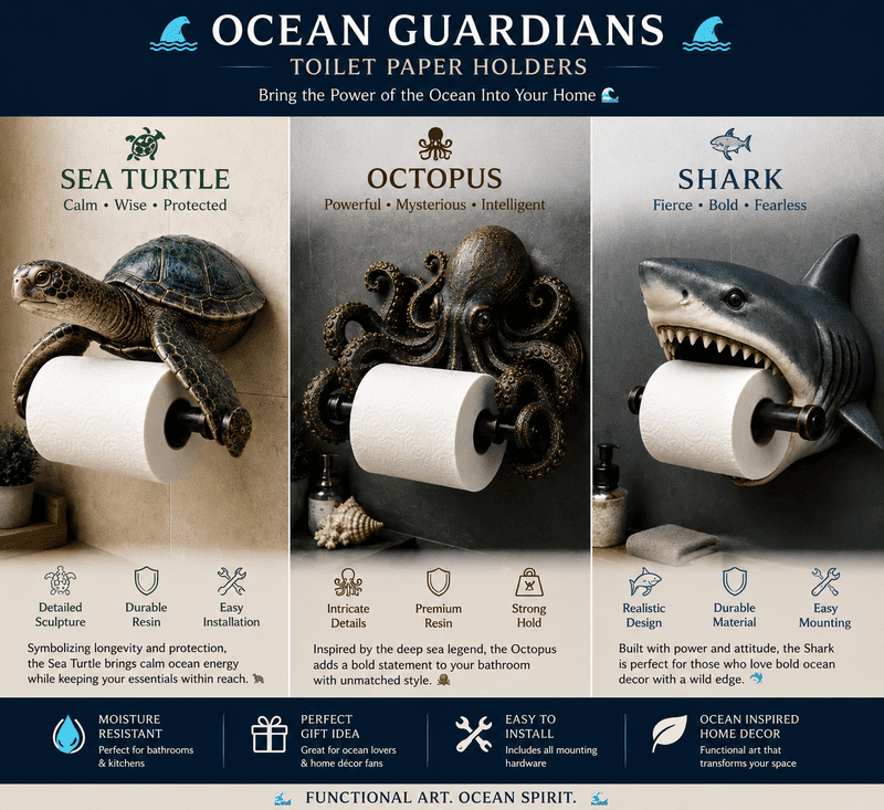Ocean Guardian Toilet Paper Holder – Resin Sea Turtle, Octopus & Shark Wall Decor