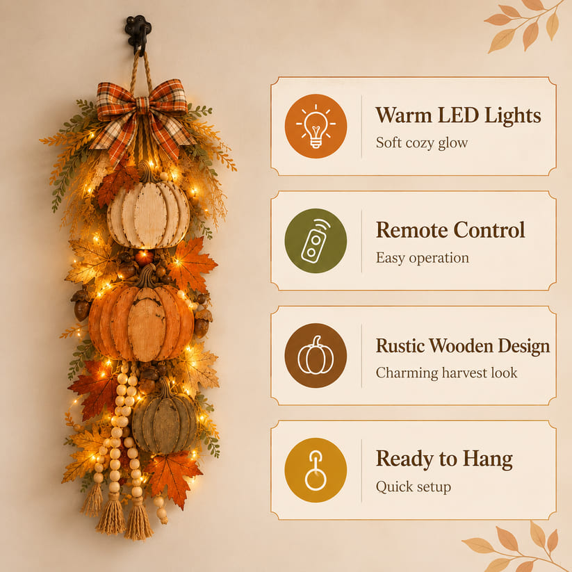 Décoration murale rustique en forme de citrouille en bois avec lumières LED