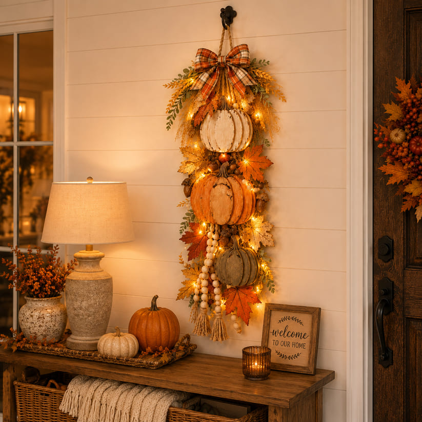 Rustic Wooden Pumpkin Hanging Decor with LED Lights