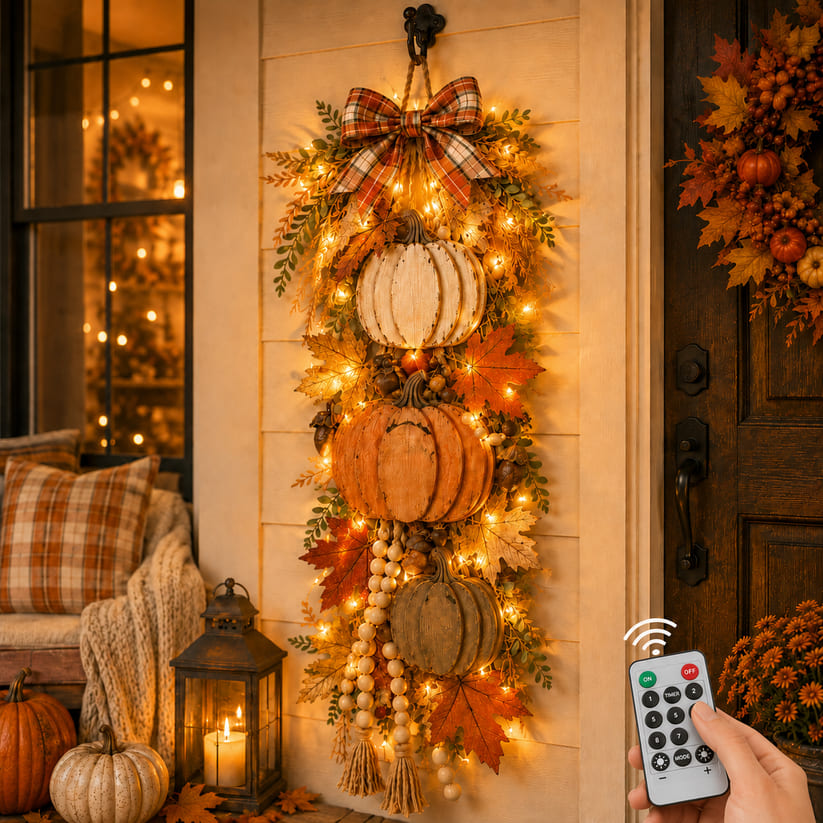 Rustic Wooden Pumpkin Hanging Decor with LED Lights