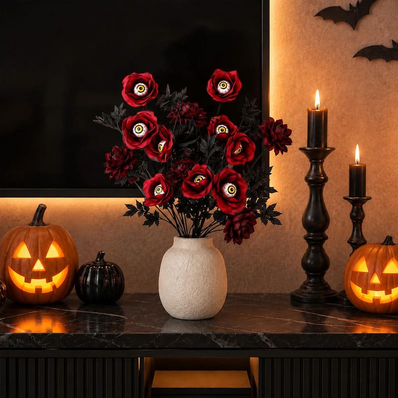 Bouquet de roses d'Halloween avec globe oculaire – Roses artificielles effrayantes pour décoration gothique (10 pièces)