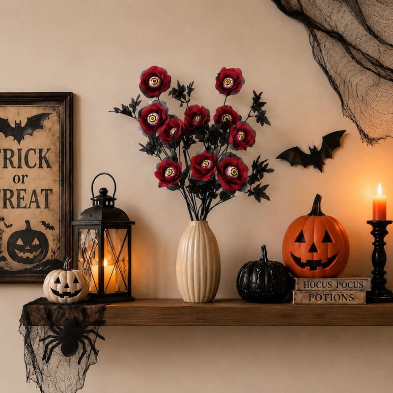 Halloween Eyeball Rose Bouquet – Spooky Artificial Roses for Gothic Decor (10 Pieces)