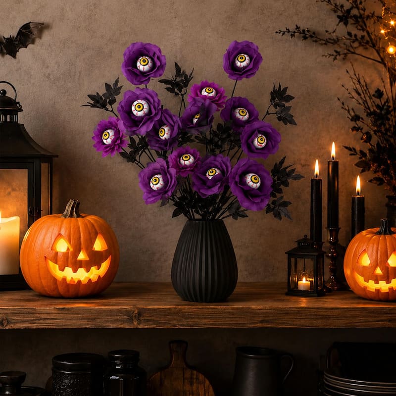 Bouquet de roses d'Halloween avec globe oculaire – Roses artificielles effrayantes pour décoration gothique (10 pièces)