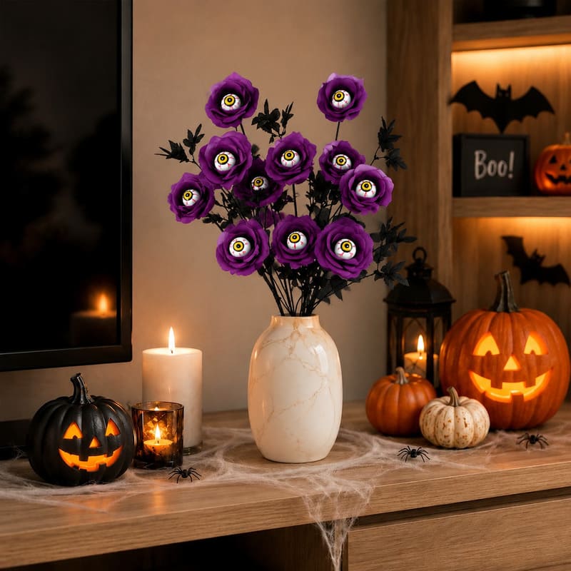 Halloween Eyeball Rose Bouquet – Spooky Artificial Roses for Gothic Decor (10 Pieces)