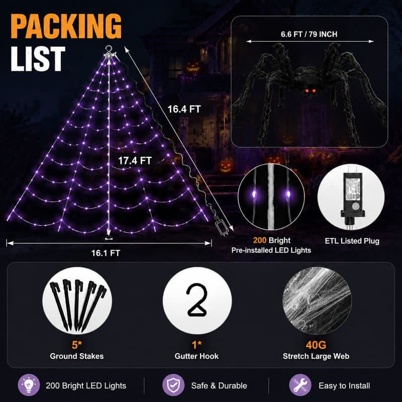 Giant 250 LED Spider Web Lights for Halloween Outdoor Decor
