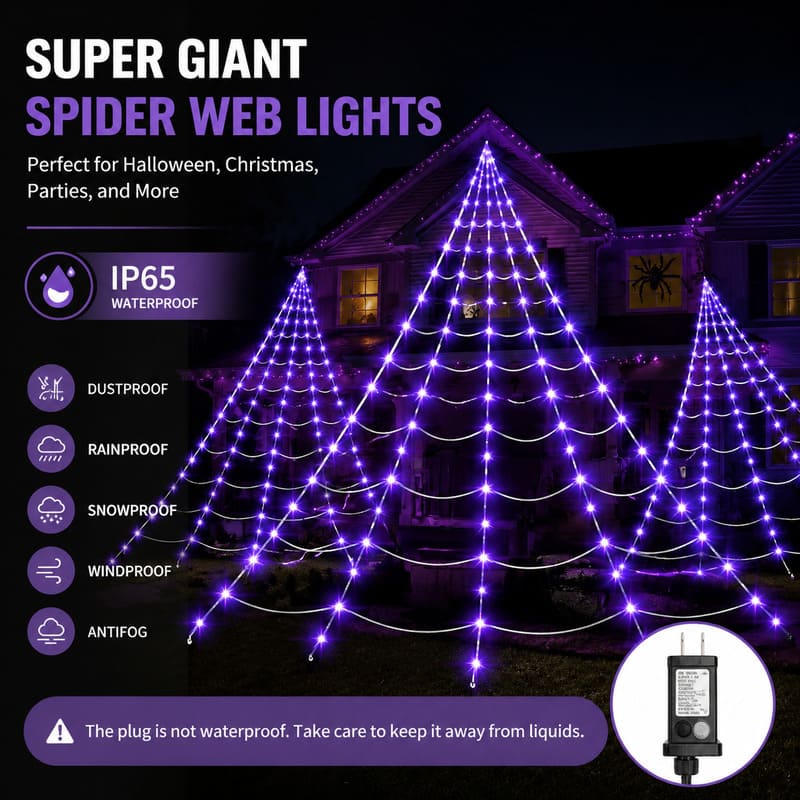 Giant 250 LED Spider Web Lights for Halloween Outdoor Decor