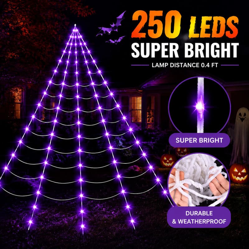 Giant 250 LED Spider Web Lights for Halloween Outdoor Decor