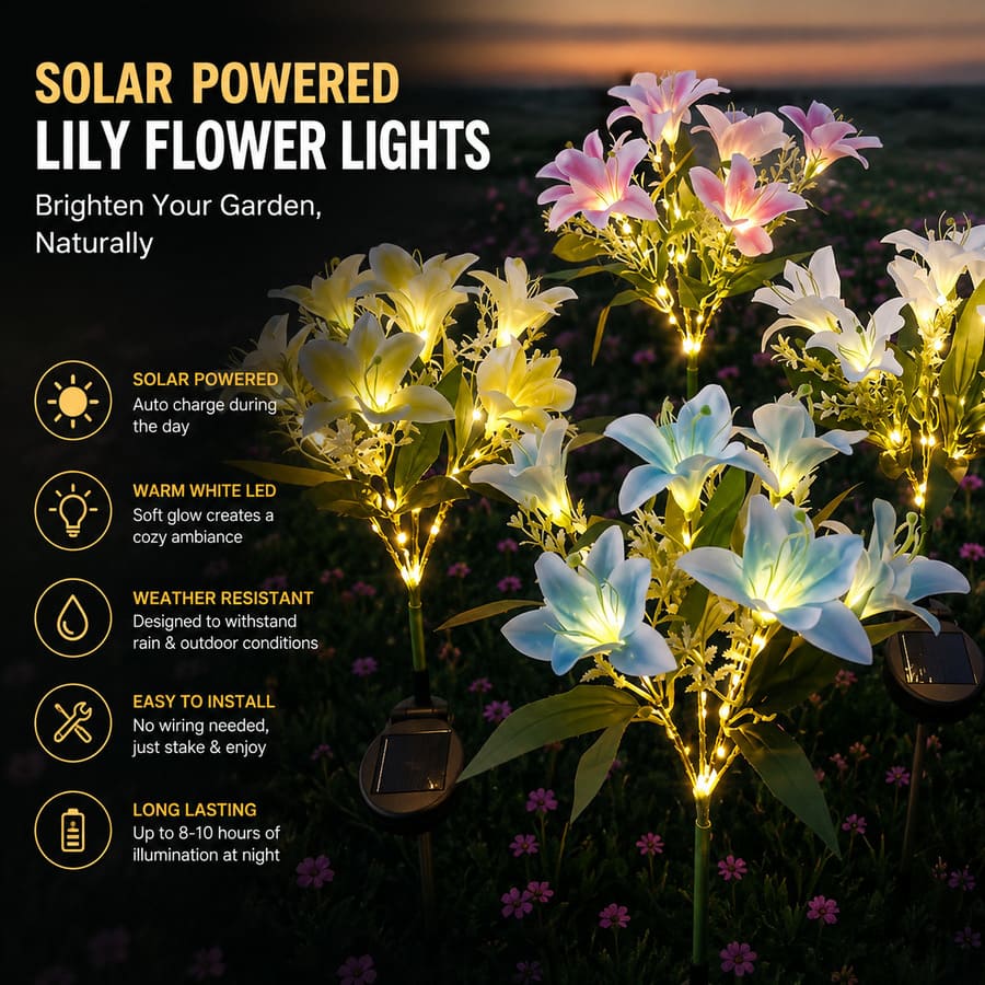 Solar LED Lily Flower Garden Lights, 7-Head Waterproof Outdoor Decor