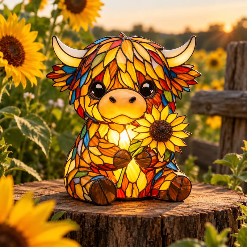 Highland Cow Sunflower LED Night Light With Warm Amber Glow