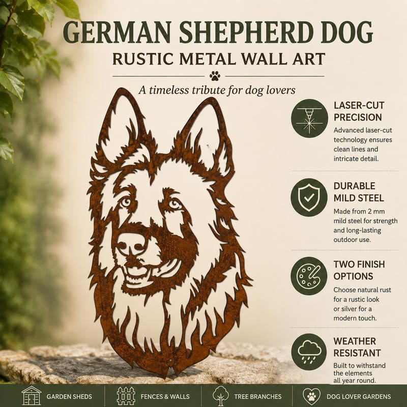 German Shepherd Dog Rustic Metal Wall Art For Garden Decor