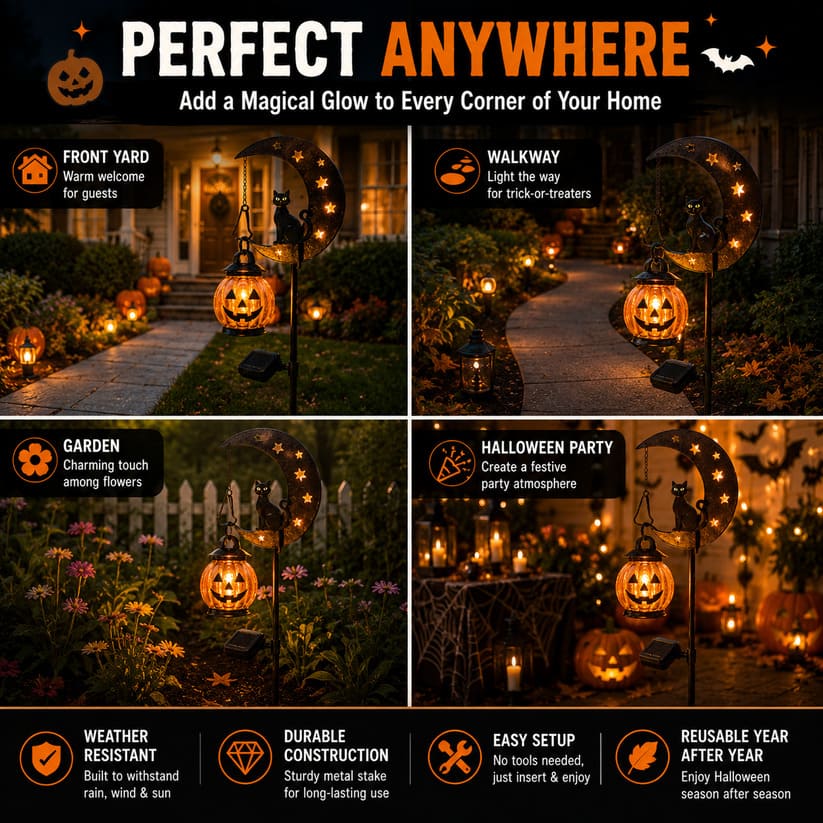 Piquet solaire lumineux Chat Noir Citrouille pour Halloween