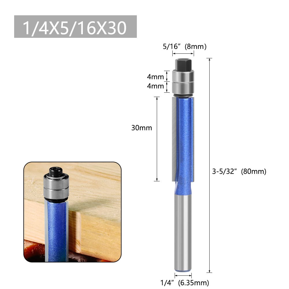 4PCS Flush Trim Router Bit Set – 1/4" Shank Carbide Pattern & Template Router Bits with Top Bearing