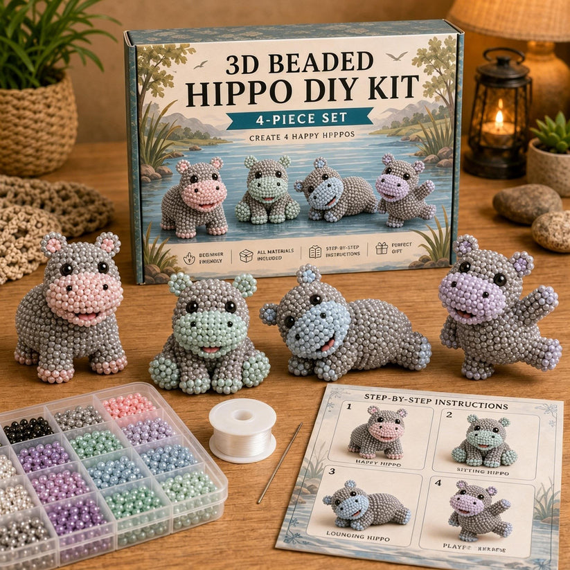 DIY 3D Beaded Hippo Friends Embroidery Kit – Handmade Craft Set