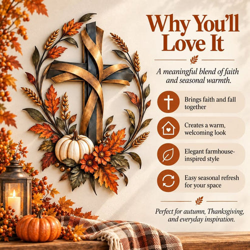 2D Autumn Cross And Pumpkin Harvest Metal Wall Decor