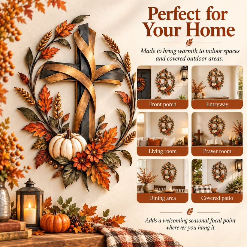 2D Autumn Cross And Pumpkin Harvest Metal Wall Decor