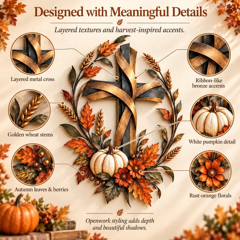 2D Autumn Cross And Pumpkin Harvest Metal Wall Decor